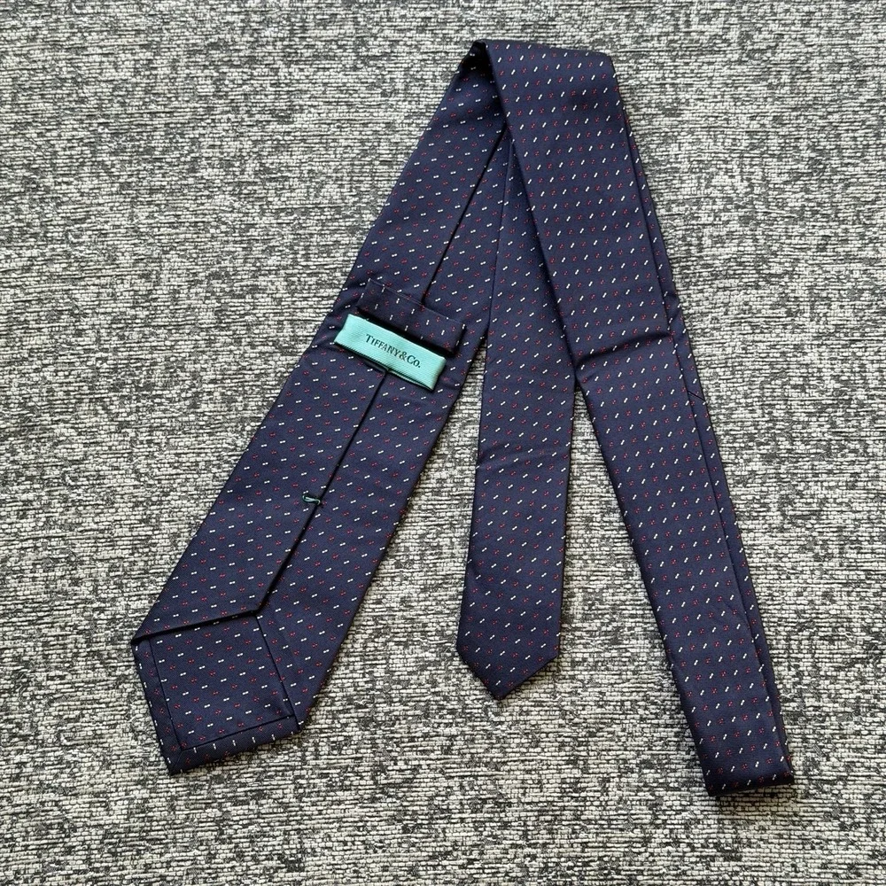 Vintage Tiffany & Co Silk Jacquard Tie Italy Navy Red White Geometric Foulard